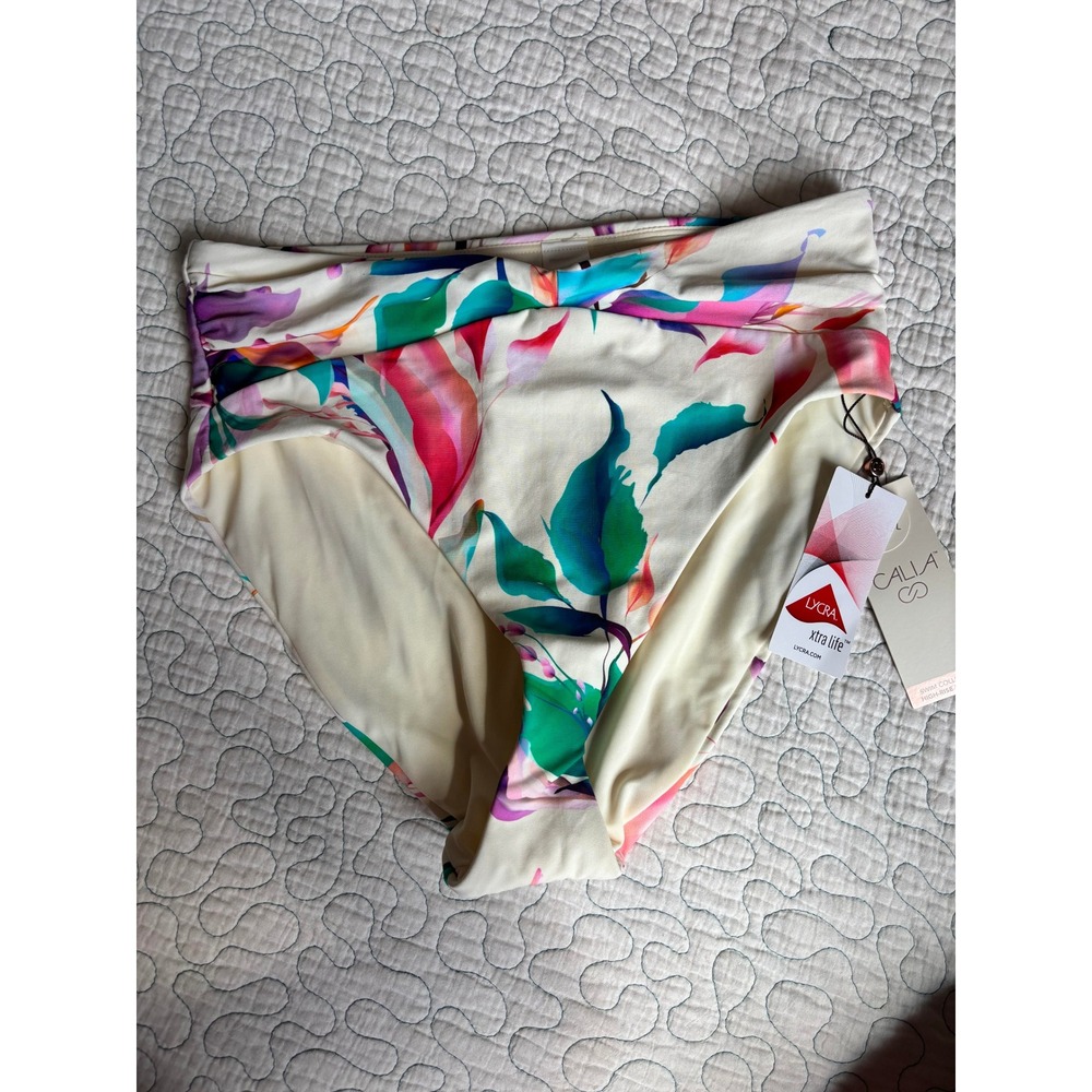 CALIA Womens High Rise Shirred V Front Swim Bottoms Floral Tummy Control Small
